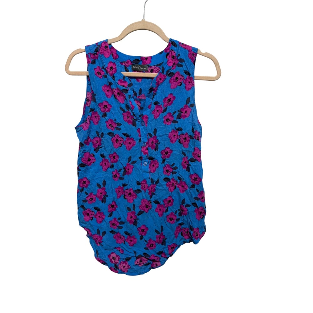 Market & Spruce Floral Sleeveless Blouse Medium Blue Pink Button Stitch Fix